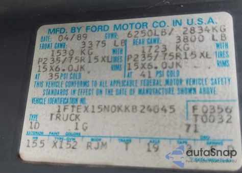 1989 Ford F150 z USA, uszkodzony, nr VIN 1FTEX15N0KKB24045